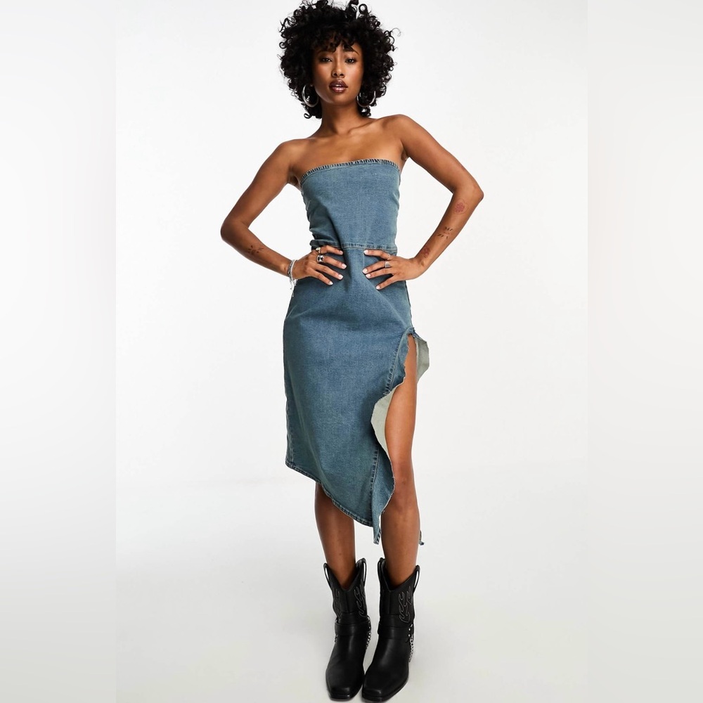 Bershka bandeau denim frill dress